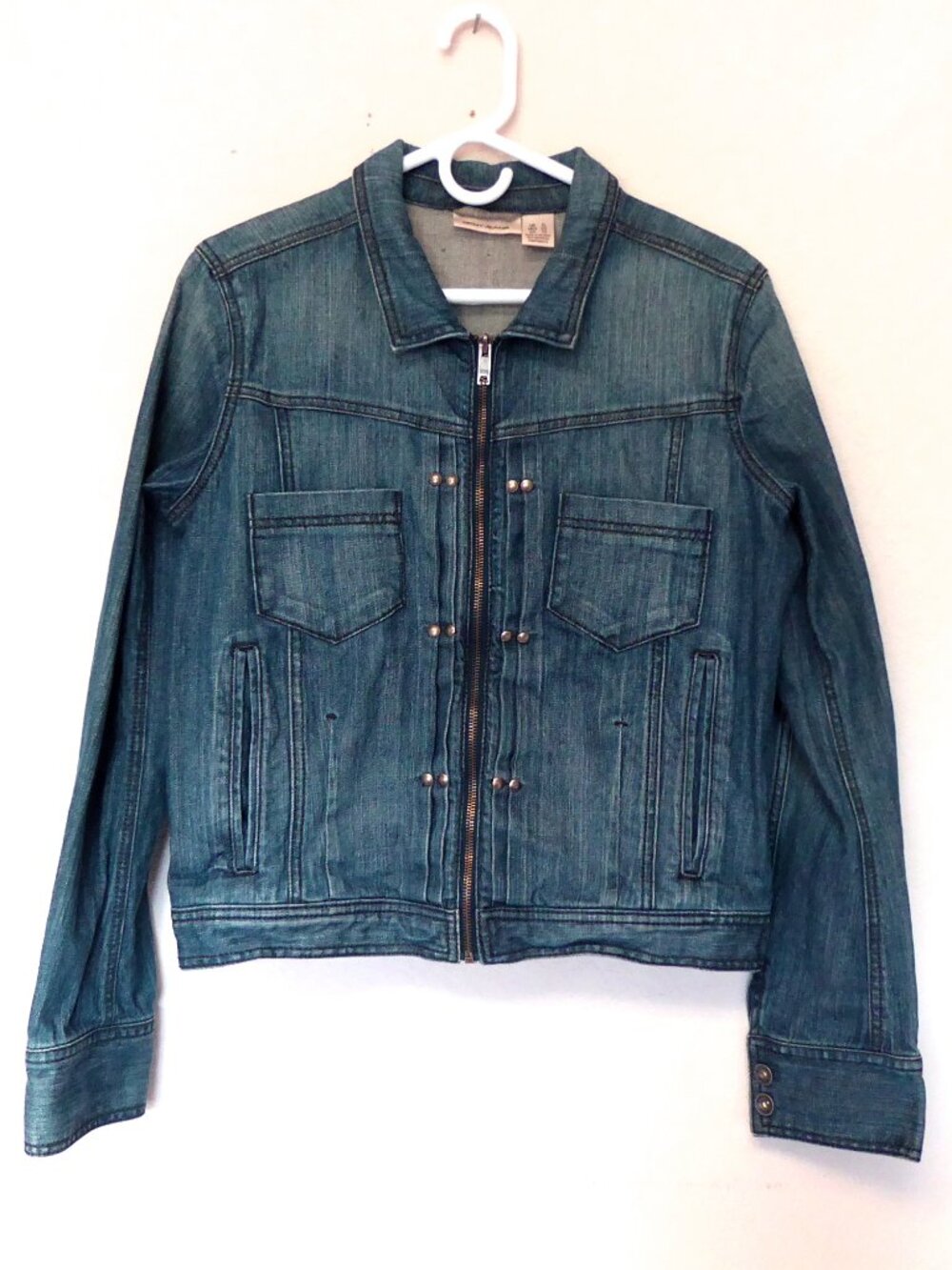 DKNY jeans blue denim women's trucker style studded pleat jacket size XL